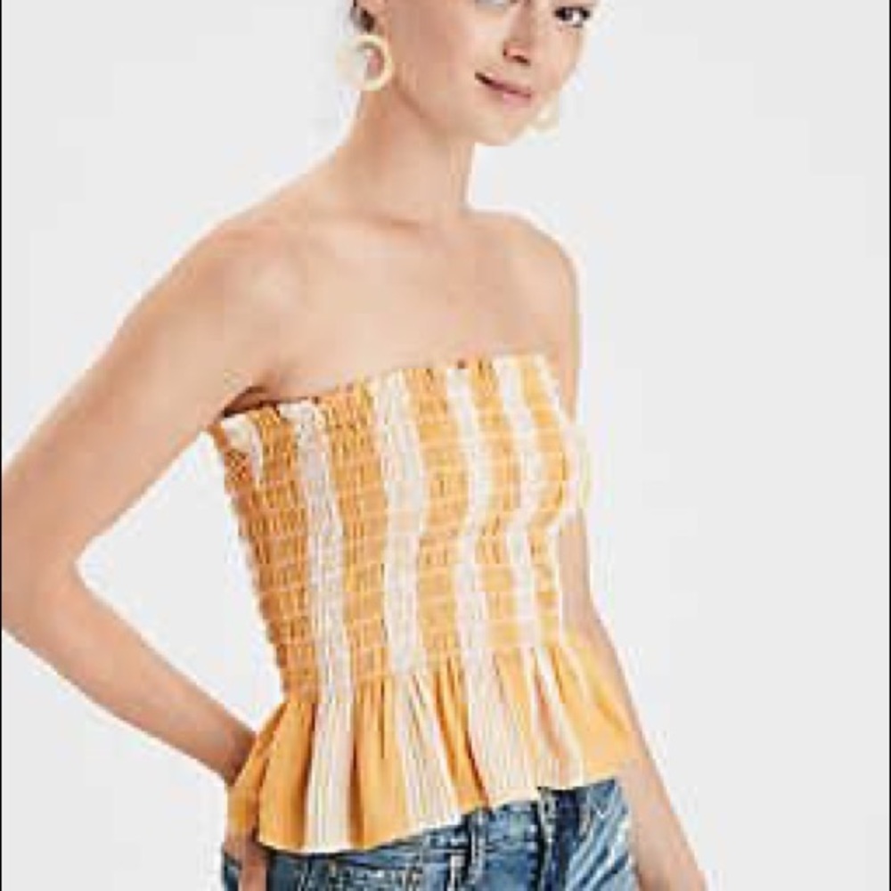 American Eagle Yellow and Cream Smocked Tube Top Size XS